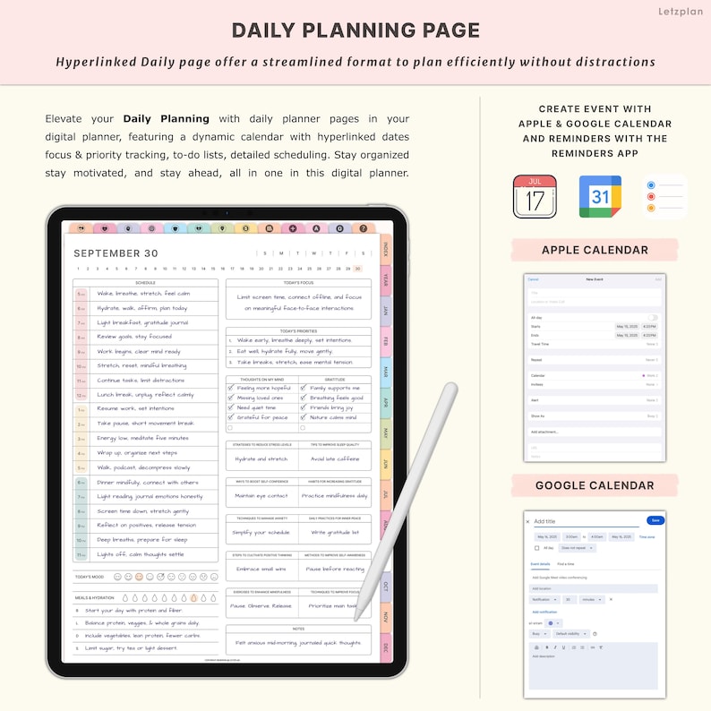 May include: A digital planner page with the text "Daily Planning Page" and "September 30." The page includes to-do lists, a calendar, and the text "Create Event with Apple & Google Calendar and Reminders with the Reminders App."