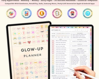 Self Care Digital Glow Up Planner for Women with Undated Journal Prompts Daily Routine Habit Tracker Mood & Wellness Goal Setting Tools