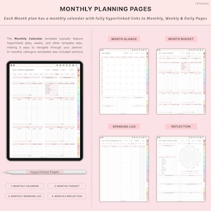 May include: Digital planner pages with the text "MONTHLY PLANNING PAGES." The image shows a tablet displaying a monthly budget template, along with other templates for month glance, spending log, and reflection. A stylus and labels are also visible.