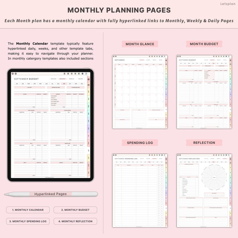 May include: Digital planner pages with the text "MONTHLY PLANNING PAGES." The image shows a tablet displaying a monthly budget template, along with other templates for month glance, spending log, and reflection. A stylus and labels are also visible.