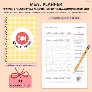 May include: A meal planner with a yellow gingham cover and spiral binding. The cover features a red circle with a fork and knife icon and the words "Meal Planner." The planner includes weekly and daily planning pages, and the text "Printable & Fillable Pages" is visible.