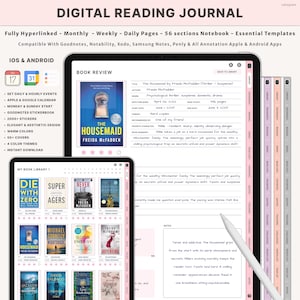 Digital Reading Journal for iPad | Paper Texture Book Tracker | GoodNotes Reading Log & Review | Digital Bookshelf and Planner PDF