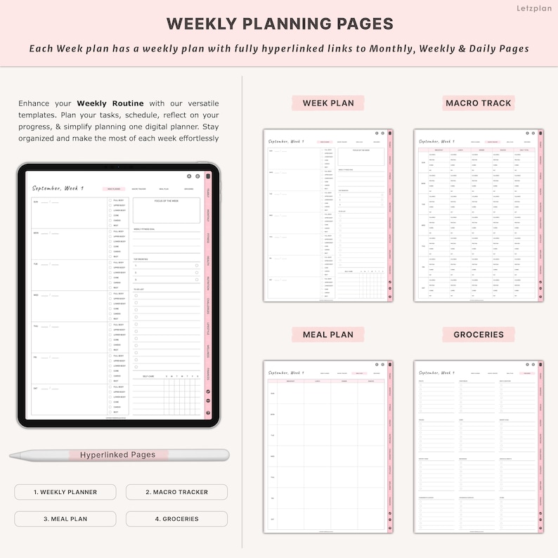 May include: Digital weekly planning pages in pink and white. The image shows a tablet displaying a planner, with examples of week, macro, meal, and grocery planning pages. A stylus and text are also included.