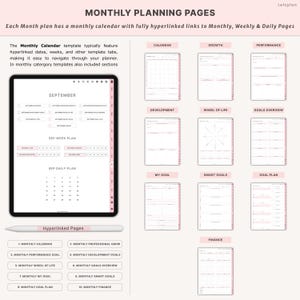 May include: A digital planner with monthly planning pages. The image shows a tablet displaying a September calendar, weekly and daily plans, and various template sections. The planner includes hyperlinked pages for easy navigation.