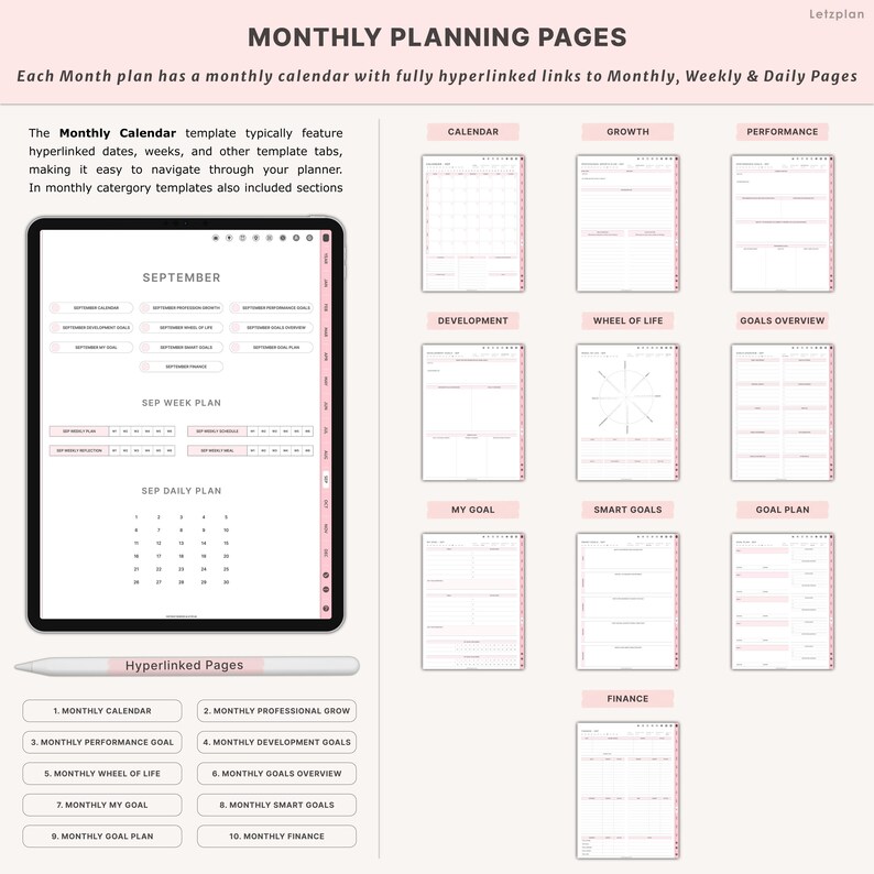 May include: A digital planner with monthly planning pages. The image shows a tablet displaying a September calendar, weekly and daily plans, and various template sections. The planner includes hyperlinked pages for easy navigation.
