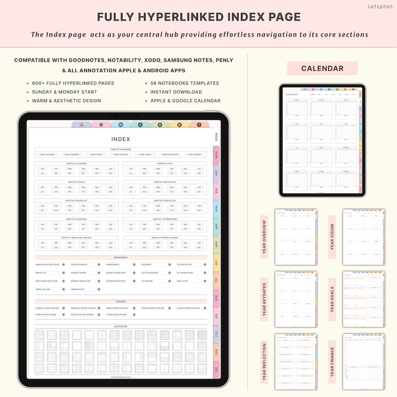 May include: A digital planner displayed on a tablet, featuring a fully hyperlinked index page. The image includes calendar templates, year overview, and other planning sections. Text on the image includes "Fully Hyperlinked Index Page" and "Calendar".