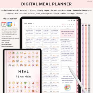 Könnte beinhalten: Digitaler Essensplaner auf einem Tablet und einem kleineren Gerät. Der Planer verfügt über ein Wochenlayout mit Abschnitten für Mahlzeiten, Snacks und Ziele. Er enthält Aufkleber, Cover und ist mit verschiedenen Apps kompatibel. Der Text "MEAL PLANNER" ist sichtbar.