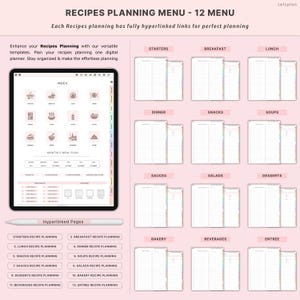 May include: Digital recipe planning menu with 12 sections, including starters, breakfast, lunch, dinner, snacks, soups, sauces, salads, desserts, bakery, beverages, and entree. The menu is displayed on a tablet with a stylus, and the text "Recipes Planning Menu - 12 Menu" is at the top.