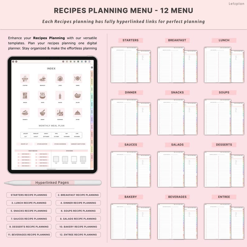 May include: Digital recipe planning menu with 12 sections, including starters, breakfast, lunch, dinner, snacks, soups, sauces, salads, desserts, bakery, beverages, and entree. The menu is displayed on a tablet with a stylus, and the text "Recipes Planning Menu - 12 Menu" is at the top.