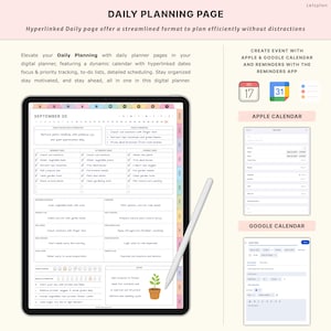 May include: A digital planner on a tablet with a white stylus. The planner displays a daily planning page with a calendar, to-do lists, and scheduling features. The text "DAILY PLANNING PAGE" is at the top.