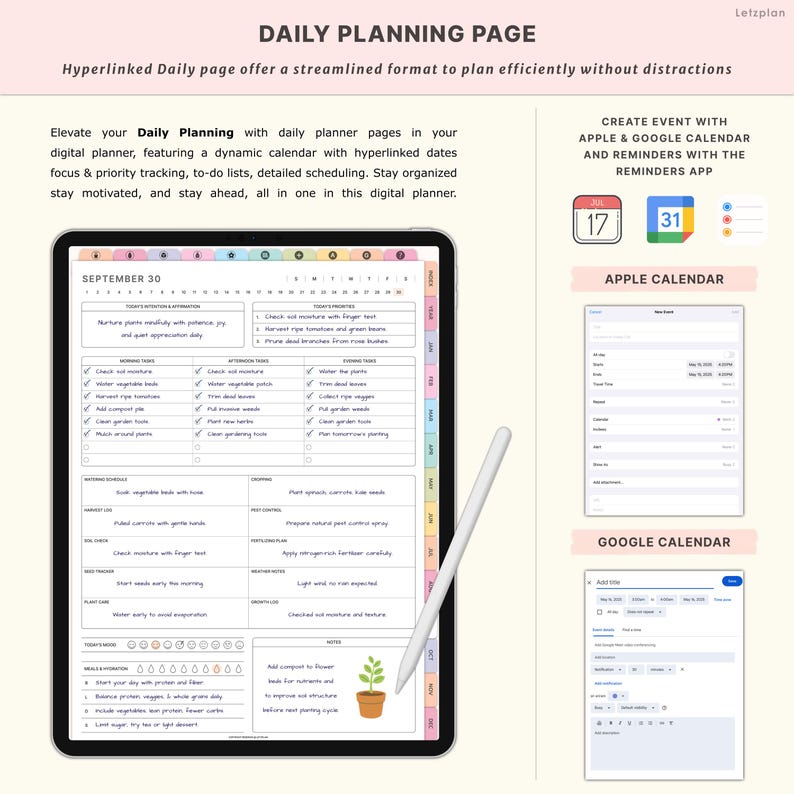 May include: A digital planner on a tablet with a white stylus. The planner displays a daily planning page with a calendar, to-do lists, and scheduling features. The text "DAILY PLANNING PAGE" is at the top.