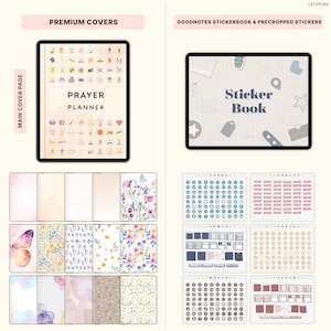 May include: Digital planner covers and sticker sets. The top left shows a tablet with a "Prayer Planner" cover. The top right shows a tablet with a "Sticker Book" cover. Below are various planner covers and sticker sheets with floral and butterfly designs.