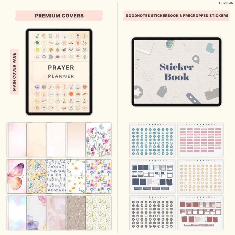 May include: Digital planner covers and sticker sets. The top left shows a tablet with a "Prayer Planner" cover. The top right shows a tablet with a "Sticker Book" cover. Below are various planner covers and sticker sheets with floral and butterfly designs.