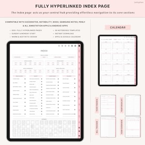 May include: Digital planner with a pink and white aesthetic. The image shows a tablet displaying an index page with various sections, a calendar view, and other planning pages. Text includes "Fully Hyperlinked Index Page" and "Calendar".