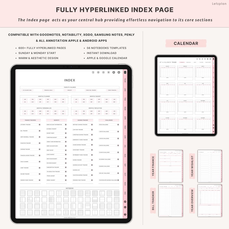 May include: Digital planner with a pink and white aesthetic. The image shows a tablet displaying an index page with various sections, a calendar view, and other planning pages. Text includes "Fully Hyperlinked Index Page" and "Calendar".