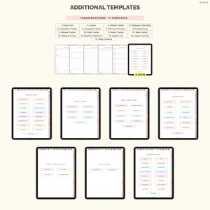 May include: Digital templates for business organization, including trackers and forms. The image displays various templates on tablets, such as order forms, invoices, and sales trackers. The templates are organized with colorful tabs and text.