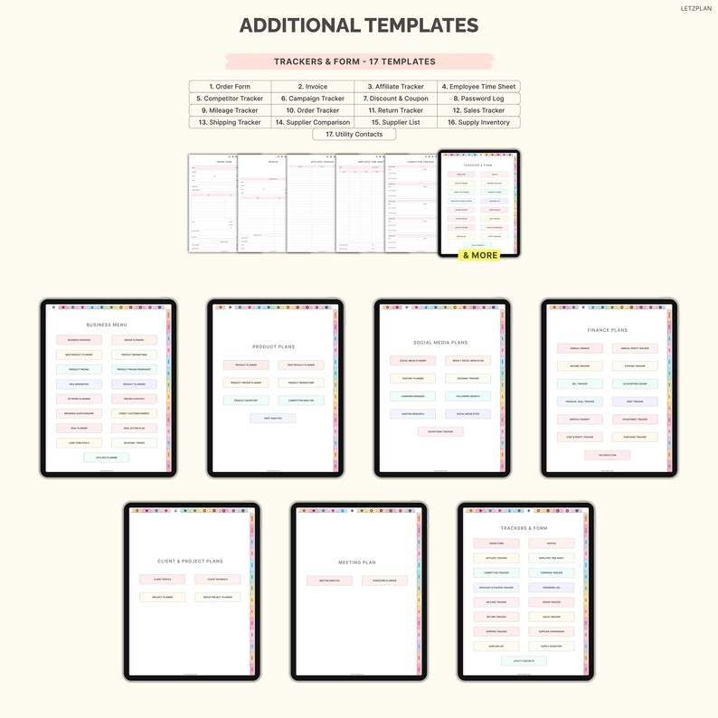 May include: Digital templates for business organization, including trackers and forms. The image displays various templates on tablets, such as order forms, invoices, and sales trackers. The templates are organized with colorful tabs and text.