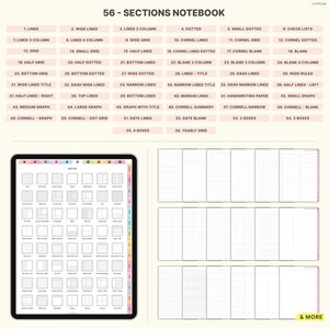 May include: Digital notebook with 56 sections, including lined, dotted, grid, and Cornell note layouts. The image shows a tablet displaying various page designs, with a color-coded tab on the side. Text at the top reads "56 - SECTIONS NOTEBOOK."