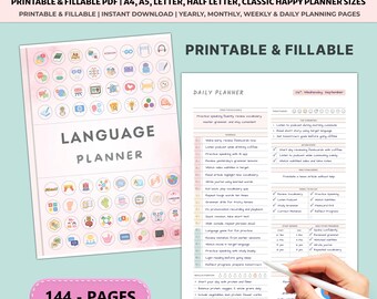 Language Learning Planner Printable | Vocabulary Grammar Tracker Journal | Study Notebook Korean Spanish French A4 A5 Bundle