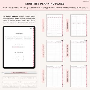 K&ouml;nnte beinhalten: Digitaler Planer mit monatlichen Planungsseiten. Das Bild zeigt ein Tablet mit einem September-Kalender, Wochen- und Tagespl&auml;nen sowie Hyperlink-Seiten. Enth&auml;lt Vorlagen f&uuml;r Essenspl&auml;ne, Einkaufslisten, K&uuml;cheninventar und Gefrierinventar.