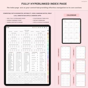 May include: Digital planner with a fully hyperlinked index page. The image shows a tablet displaying the index, calendar, and other planning pages. Text includes "Fully Hyperlinked Index Page" and "Sunday & Monday Start."