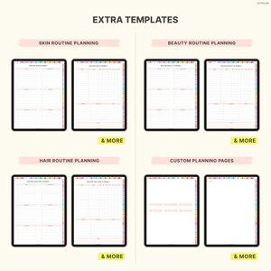 May include: Digital planner templates for skin, beauty, and hair routines, plus custom planning pages. The image shows several black tablets with pink and pastel-colored accents, each displaying different planning layouts. Text at the top reads "EXTRA TEMPLATES".