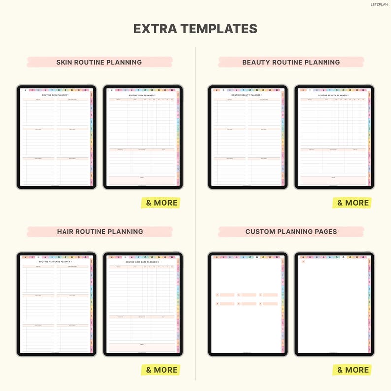 May include: Digital planner templates for skin, beauty, and hair routines, plus custom planning pages. The image shows several black tablets with pink and pastel-colored accents, each displaying different planning layouts. Text at the top reads "EXTRA TEMPLATES".