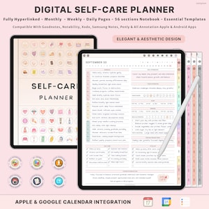Könnte beinhalten: Ein digitaler Selbstpflegeplaner auf einem Tablet, mit einem rosa und weißen Design. Der Planer enthält tägliche, wöchentliche und monatliche Seiten mit Abschnitten für wesentliche Vorlagen. Der Text auf dem Bildschirm lautet "Self-Care Planner".