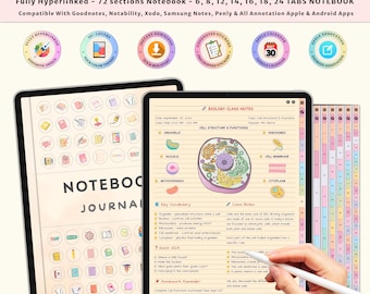 Planificador de cuadernos digitales / GoodNotes, Notability, iPad / 12 pestañas con hipervínculos / Tema de dulces / Notas para estudiantes / Plantillas