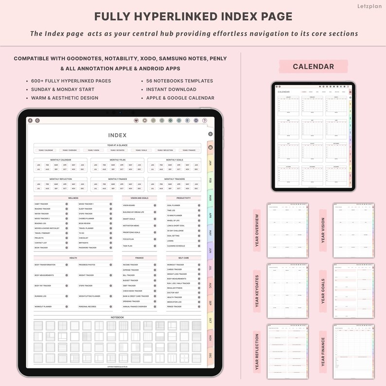 May include: A digital planner on a tablet, showcasing an index page with hyperlinks and various sections like calendar, year overview, vision, goals, finance, and reflection. Text includes "Fully Hyperlinked Index Page" and "Letzplan".