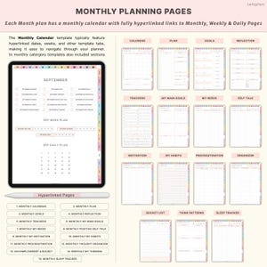 May include: Digital planner with monthly planning pages, including calendar, goals, trackers, and more. The planner features hyperlinked pages for easy navigation. The image shows a tablet with a stylus and various planning templates.