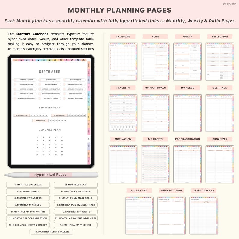 May include: Digital planner with monthly planning pages, including calendar, goals, trackers, and more. The planner features hyperlinked pages for easy navigation. The image shows a tablet with a stylus and various planning templates.
