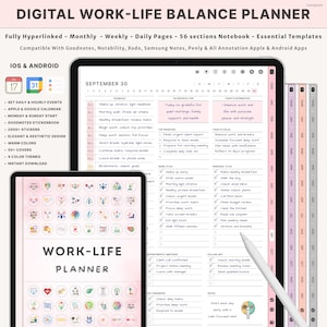 Puede incluir: Planificador digital de equilibrio trabajo-vida en rosa y blanco. La imagen muestra una tableta y otra más pequeña con las palabras "Work-Life Planner". El planificador incluye secciones diarias, semanales y mensuales, y es compatible con iOS y Android.