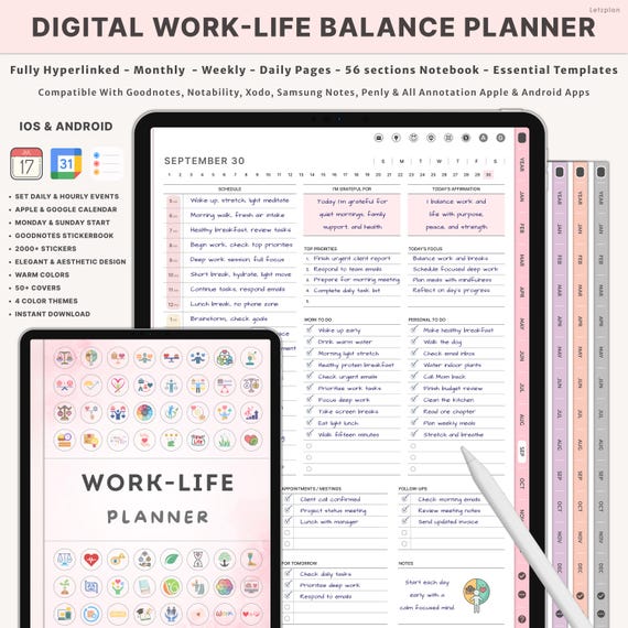 Digital Work Life Balance Planner for ADHD Adults | Daily Organization | Boundaries | Stress Relief | Goals | Self Care | Productivity