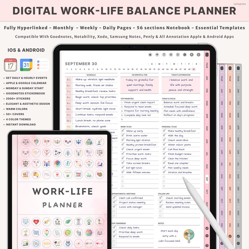 May include: Digital work-life balance planner with a pink and white design. The image shows a tablet and a smaller tablet with the words "Work-Life Planner". The planner includes daily, weekly, and monthly sections, and is compatible with iOS and Android.