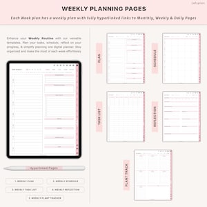 May include: Digital weekly planner with pink accents. The planner includes sections for weekly plans, schedules, task lists, reflections, and plant tracking. The text on the image reads "Weekly Planning Pages" and "Hyperlinked Pages."