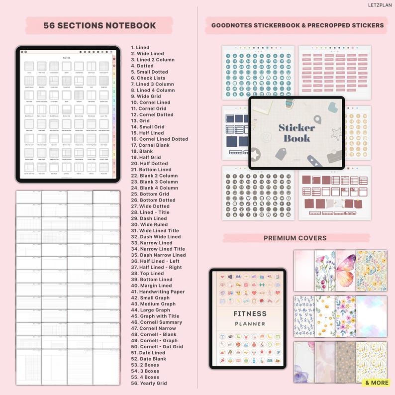 May include: Digital planner templates and sticker sets are displayed. The image shows a 56 sections notebook, Goodnotes stickerbook, and a fitness planner. The sticker book and fitness planner are on tablets. The notebook includes lined, dotted, and grid options.