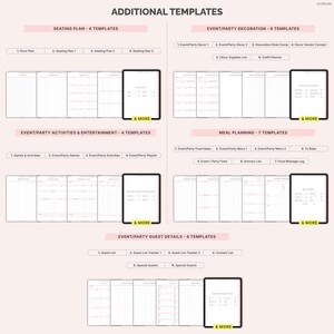 May include: A light pink graphic with the text "ADDITIONAL TEMPLATES" at the top. The image is divided into sections for event planning, including seating plans, party decoration, activities, meal planning, and guest details. Each section has multiple templates.
