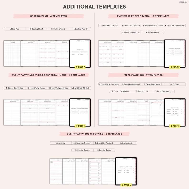 May include: A light pink graphic with the text "ADDITIONAL TEMPLATES" at the top. The image is divided into sections for event planning, including seating plans, party decoration, activities, meal planning, and guest details. Each section has multiple templates.