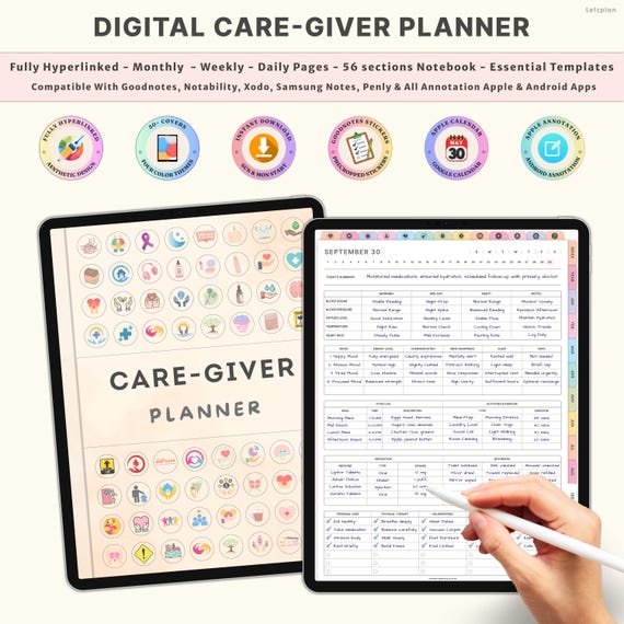 Digital Caregiver Planner with Medical Binder Elderly Care Checklist Daily Task Log Home Nurse Organizer Family Care Schedule Journal