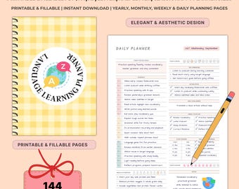 May include: A Language Learning planner with a yellow gingham cover and spiral binding. The planner includes daily, weekly, and monthly planning pages. The design is elegant and aesthetic, with a focus on language study. The planner includes 144 planning pages.