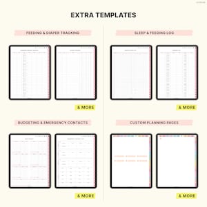 Pu&ograve; includere: Modelli di pianificatore digitale visualizzati su tablet neri. I modelli includono sezioni per il monitoraggio dell'alimentazione e dei pannolini, registri del sonno e dell'alimentazione, budget, contatti di emergenza e pagine di pianificazione personalizzate.