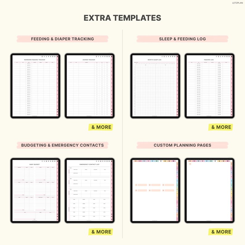 Pu&ograve; includere: Modelli di pianificatore digitale visualizzati su tablet neri. I modelli includono sezioni per il monitoraggio dell'alimentazione e dei pannolini, registri del sonno e dell'alimentazione, budget, contatti di emergenza e pagine di pianificazione personalizzate.