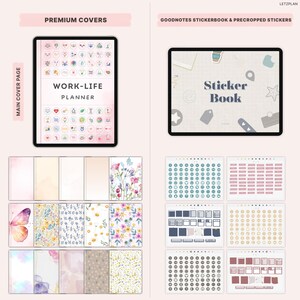 May include: Digital planner and sticker set. The image shows a tablet displaying a "Work-Life Planner" with icons. Below are various planner covers and sticker sheets. The text "Premium Covers" and "Goodnotes Stickerbook & Precropped Stickers" are also visible.