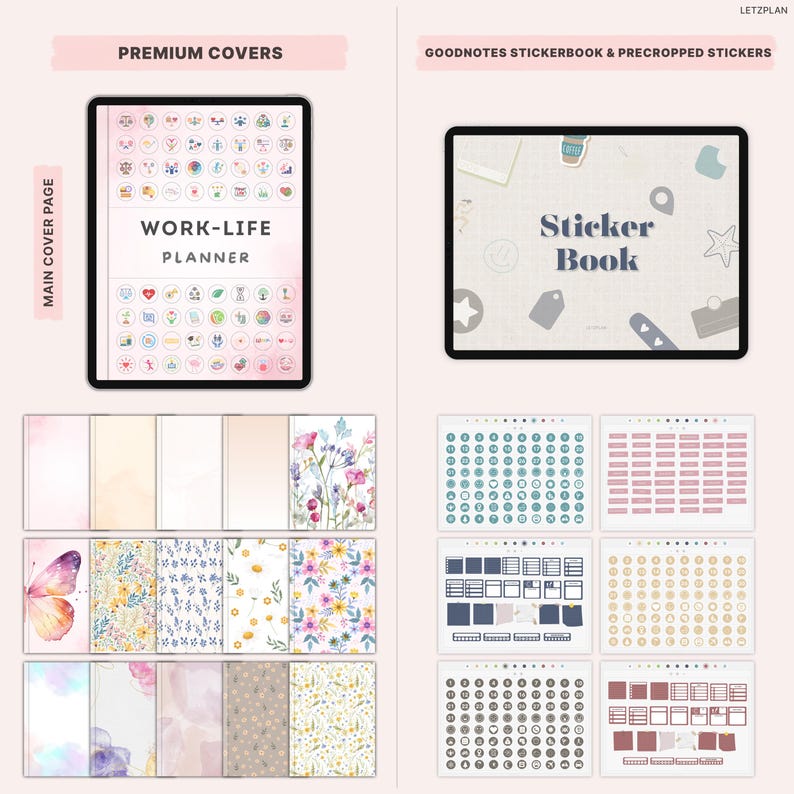 May include: Digital planner and sticker set. The image shows a tablet displaying a "Work-Life Planner" with icons. Below are various planner covers and sticker sheets. The text "Premium Covers" and "Goodnotes Stickerbook & Precropped Stickers" are also visible.