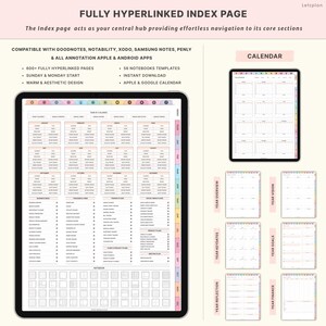 May include: Digital planner with a fully hyperlinked index page. Features include 600+ pages, 56 notebook templates, and compatibility with Goodnotes, Notability, Xodo, Samsung Notes, Penly, and Apple & Android apps. Includes a calendar and various planning sections.