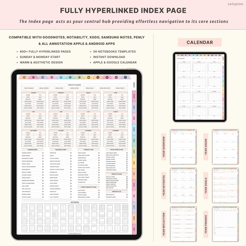 May include: Digital planner with a fully hyperlinked index page. Features include 600+ pages, 56 notebook templates, and compatibility with Goodnotes, Notability, Xodo, Samsung Notes, Penly, and Apple & Android apps. Includes a calendar and various planning sections.