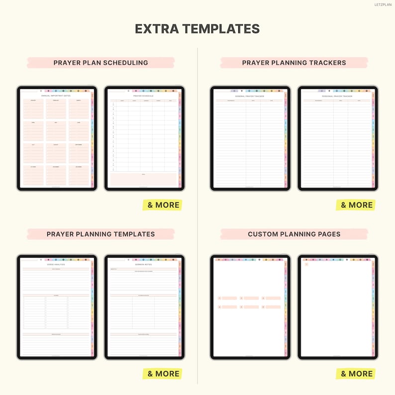 May include: Digital planner templates displayed on tablets. The image shows various layouts, including prayer plan scheduling, trackers, and custom planning pages. The text "EXTRA TEMPLATES" and "& MORE" are also visible.