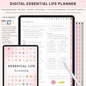 Può includere: Digital Essential Life Planner su tablet, con layout giornalieri, settimanali e mensili. Il planner include sezioni per attività, note e obiettivi, con un focus sull'organizzazione e la produttività. Il testo "Essential Life Planner" è visibile.