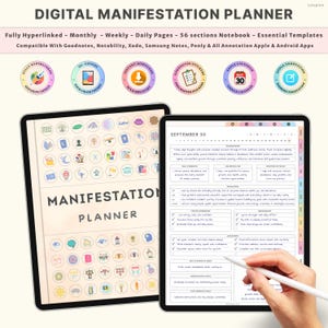Könnte beinhalten: Zwei Tablets zeigen einen digitalen Manifestationsplaner. Der Planer hat ein minimalistisches Design mit dem Titel "DIGITAL MANIFESTATION PLANNER". Das Bild enthält Symbole, Text und eine Hand, die einen Stift hält, was auf eine interaktive Nutzung hindeutet.